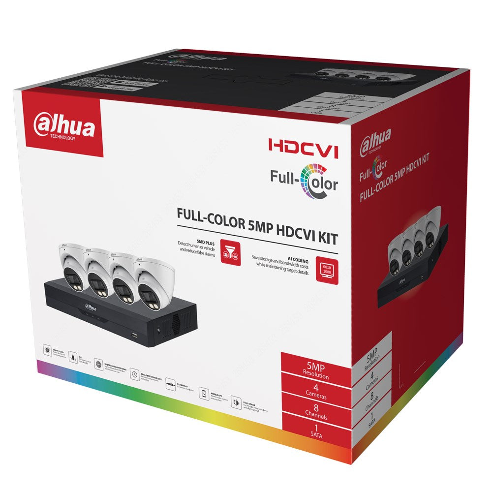 Dahua HDCVI 8 Channel Camera Kit including 4x 5MP Eyeball Fixed Lens Cameras 2TB HDD 4x 18m Coax Patch Cables and Power Supplies