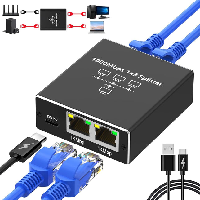 4 Ports Ethernet RJ45 Splitter 1 In / 3 Out 1000Mbps High Speed With USB-C Port - Polar Tech Australia