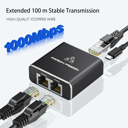 3 Ports Ethernet RJ45 Splitter 1 In / 2 Out, 1000Mbps High Speed With USB-C Port - Polar Tech Australia