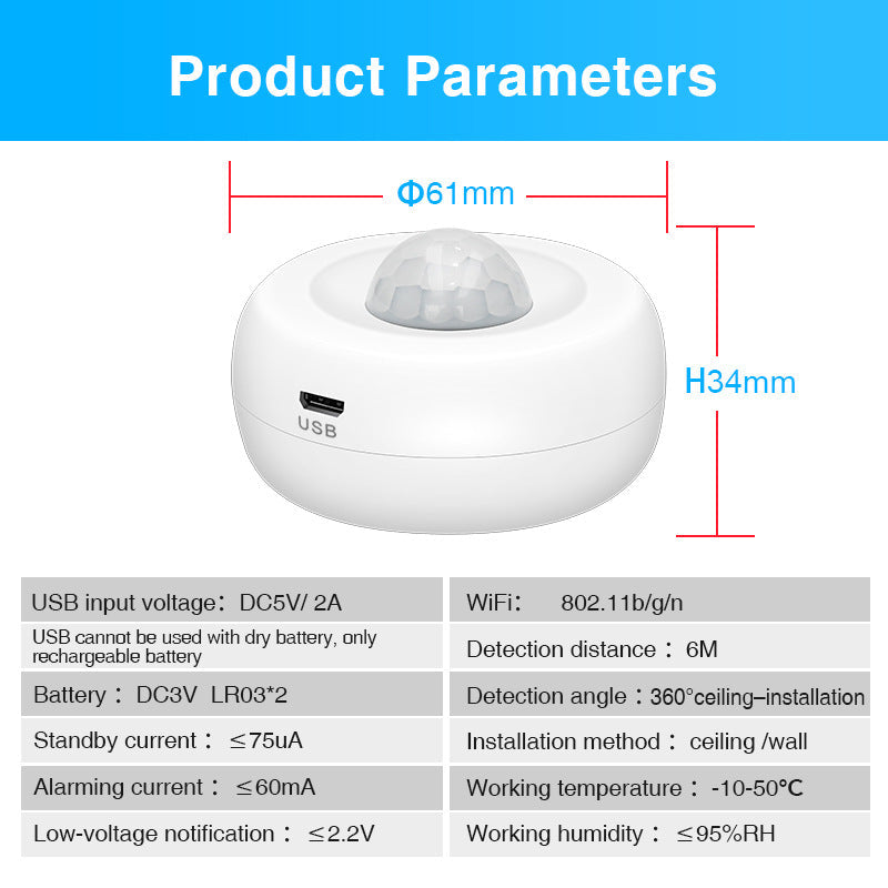 [TUYA Smart Home] Battery & Wired Powdered 360 Degree WIFI Infrared Detector PIR Motion Detect Sensor Smart Home Security - Polar Tech Australia